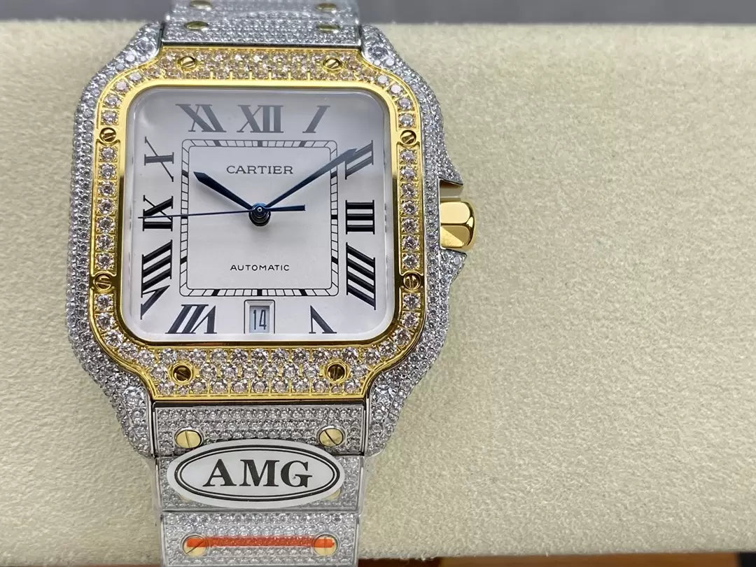 Часы Santos De Cartier с бриллиантами 화이트 다이얼 и золото 1:1 Best 에디션 AMG 팩토리 Swarovski Stone