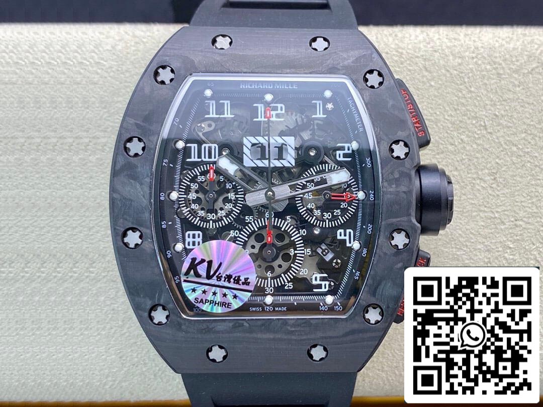 Richard Mille RM011 1:1 Best 에디션 KV 팩토리 Carbon Fiber 블랙 러버 스트랩