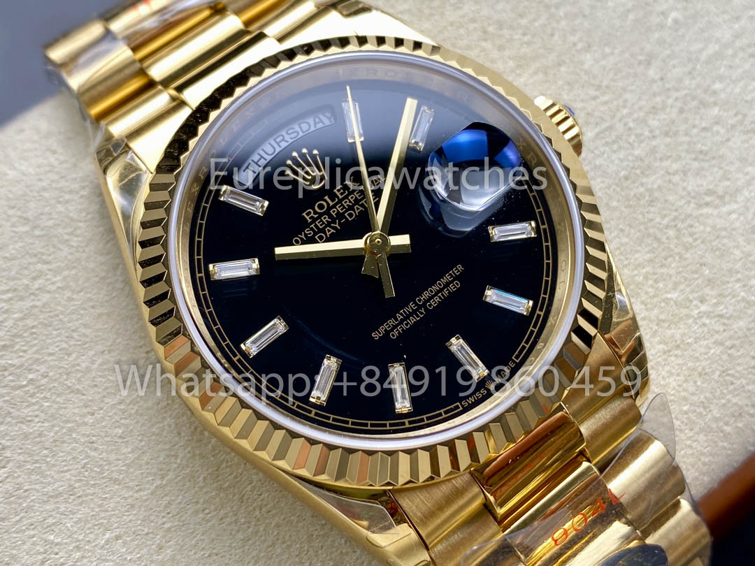 Rolex Day Date Ref. 128238 블랙 다이얼 옐로 골드 1:1 Best Clone 8+ 팩토리 Counterweight Version