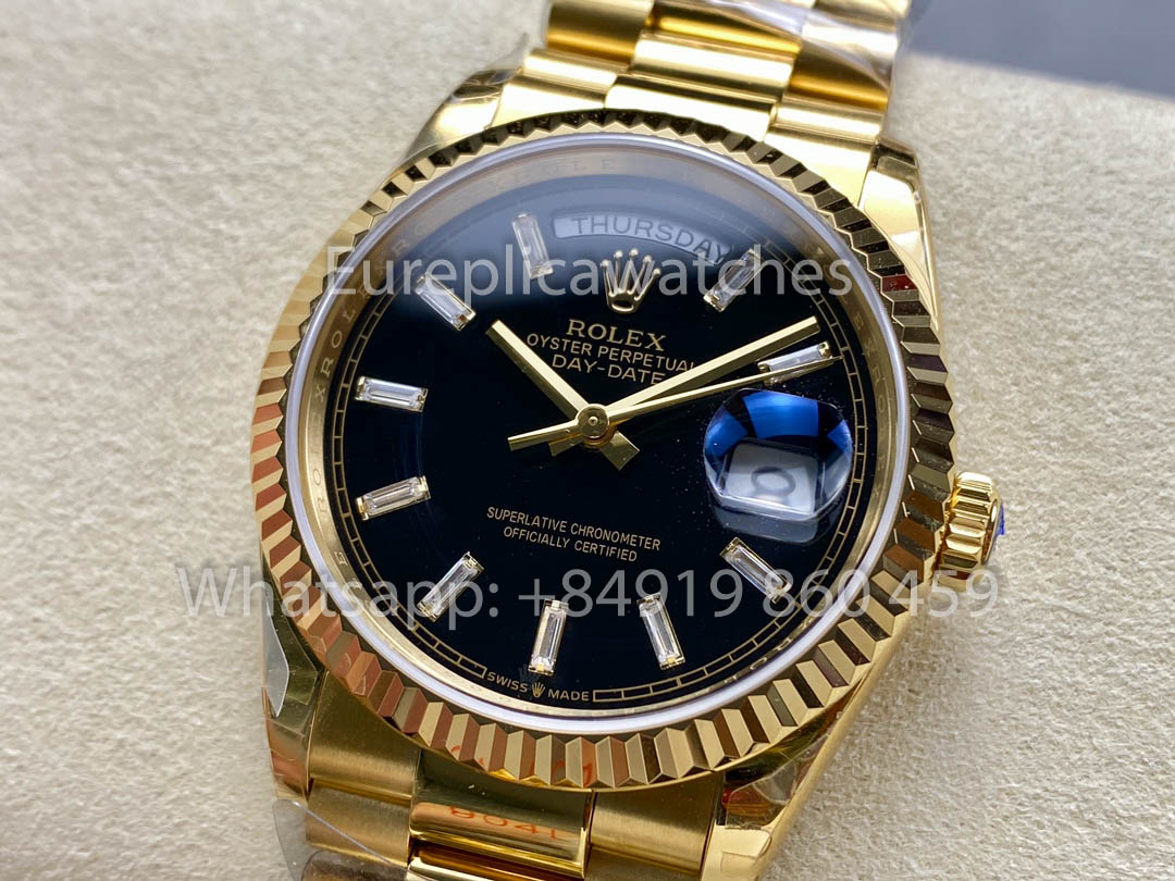 Rolex Day Date Ref. 128238 블랙 다이얼 옐로 골드 1:1 Best Clone 8+ 팩토리 Counterweight Version