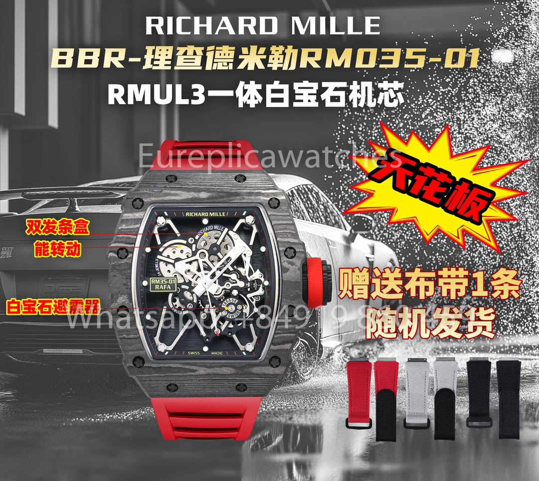 Richard Mille RM35-01 NTPT Carbon 1:1 Best Clone BBR 팩토리 V2 Red 러버 스트랩