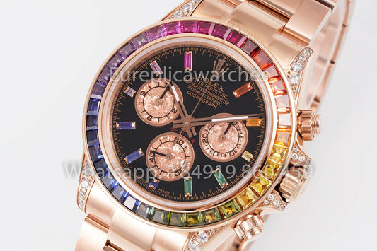 롤렉스 데이토나 Rainbow Baguettes 로즈 골드 블랙 다이얼 40mm 116595RBOW 1:1 Best Clone SSEF 팩토리