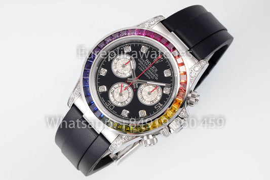 롤렉스 데이토나 Rainbow Diamond Dial 블랙 다이얼 40mm 1:1 Best Clone EF 팩토리 스테인리스 스틸