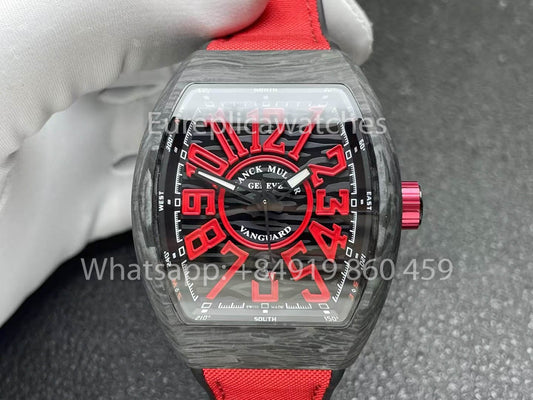 Franck Muller Vanguard V45 Carbon Fibre 1:1, лучший клон, красный циферблат