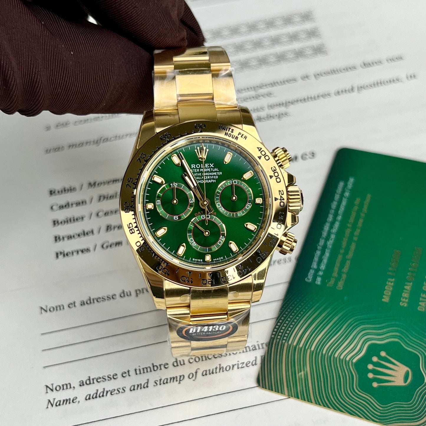 롤렉스 옐로 골드 Cosmograph 데이토나 40 Watch 그린 Arabic Dial 116508 Coated 18k 옐로 골드