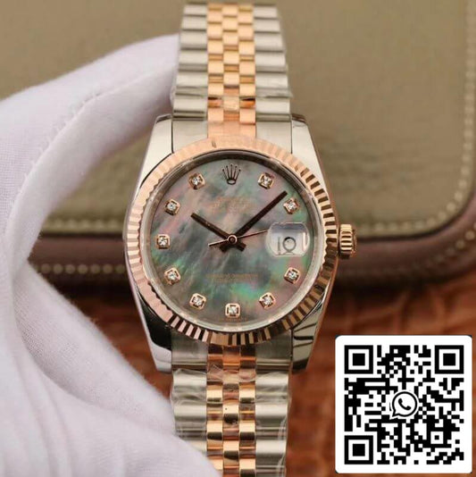 롤렉스 데이트저스트 36mm GM 팩토리 1:1 Best 에디션 Gray Dial Diamond Markers 18K Gold Wrapped Swiss ETA3135
