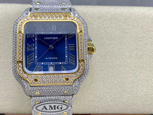 ساعات Santos De Cartier الماسية 블루 다이얼 والذهب 1:1 أفضل ساعات AMG من سواروفسكي ستون