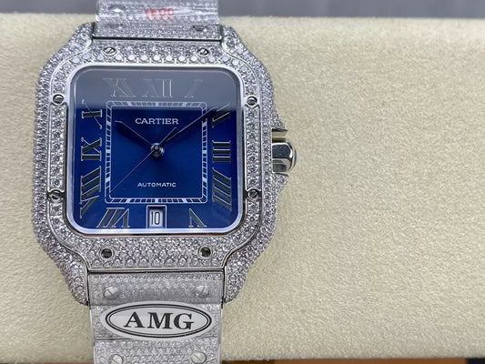 ساعات Santos De Cartier الماسية 블루 다이얼 والفضة 1:1 Best 에디션 AMG 팩토리 Swarovski Stone