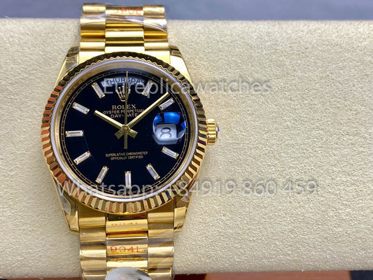 Rolex Day Date Ref. 128238 블랙 다이얼 옐로 골드 1:1 Best Clone 8+ 팩토리 Counterweight Version