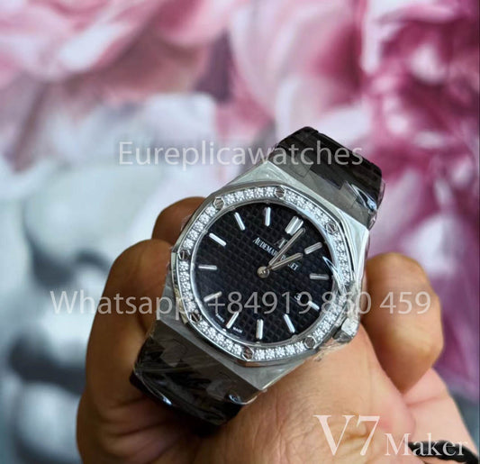 오데마 피게 67651OR Ladies’ Quartz Watch 1:1 Best Clone V7 팩토리 블랙 가죽 스트랩