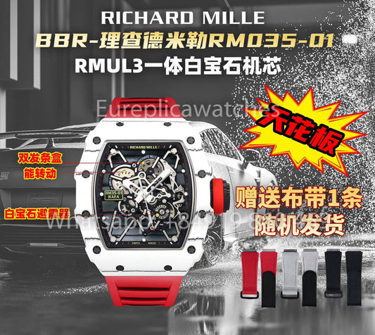 Richard Mille RM35-01 화이트 Carbon 1:1 Best Clone BBR 팩토리 V2 Red 러버 스트랩