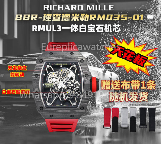 Richard Mille RM35-01 NTPT Carbon 1:1 Best Clone BBR 팩토리 V2 Red 러버 스트랩