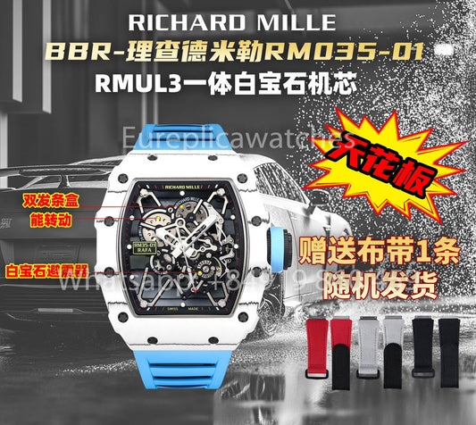 Richard Mille RM35-01 화이트 Carbon 1:1 Best Clone BBR 팩토리 V2 블루 러버 스트랩