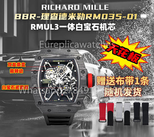 Richard Mille RM35-01 NTPT Carbon Case 1:1 Best Clone BBR 팩토리 V2 블랙 러버 스트랩