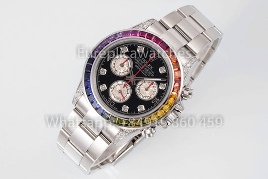 롤렉스 데이토나 Rainbow 블랙 다이얼 40mm 1:1 Best Clone EF 팩토리 Silver SS