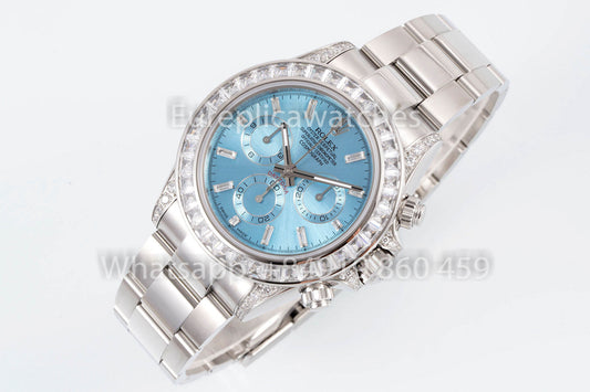 롤렉스 데이토나 Rainbow Ice 블루 다이얼 40mm 1:1 Best Clone EF 팩토리 러버 스트랩 SS