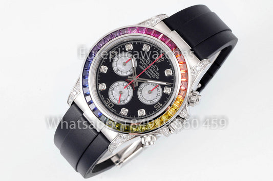 롤렉스 데이토나 Rainbow 블랙 다이얼 40mm 1:1 Best Clone EF 팩토리 Silver 스테인리스 스틸