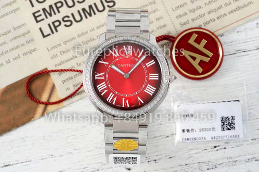 Cartier Ronde Must De Cartier 36mm Custom Diamond 1:1 Best Clone AF 팩토리 Red Dial