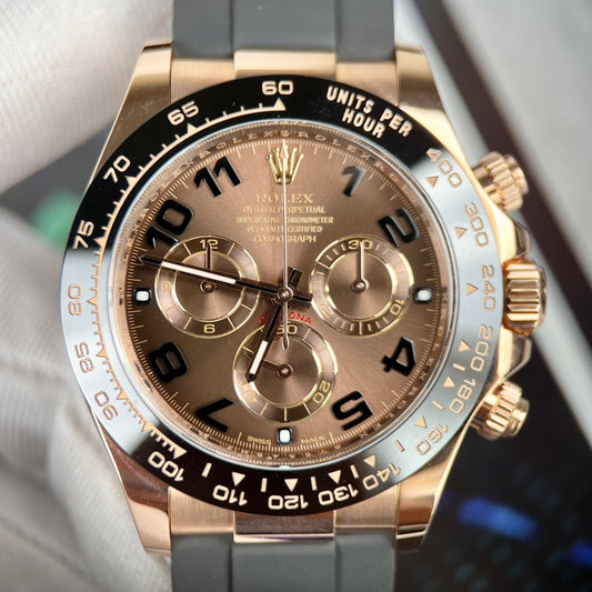롤렉스 데이토나 로즈 골드 Chocolate Arabic Dial & 세라믹 Bezel Oysterflex Rubber 브레이슬릿 116515LN