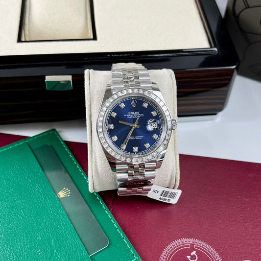 롤렉스 데이트저스트 41 블루 Moissanite Dial 126334-0016 and custom Moissanite baguette Bezel