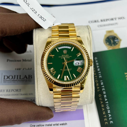 롤렉스 DayDate 40mm 228238 coated 18k 옐로 골드 President 그린 다이얼 130 gram