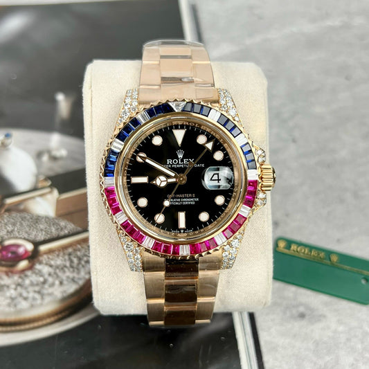 롤렉스 GMT-Master II 126755 Rainbow Bezel Best 1:1 에디션 with Ruby Stone and 18k wrapped