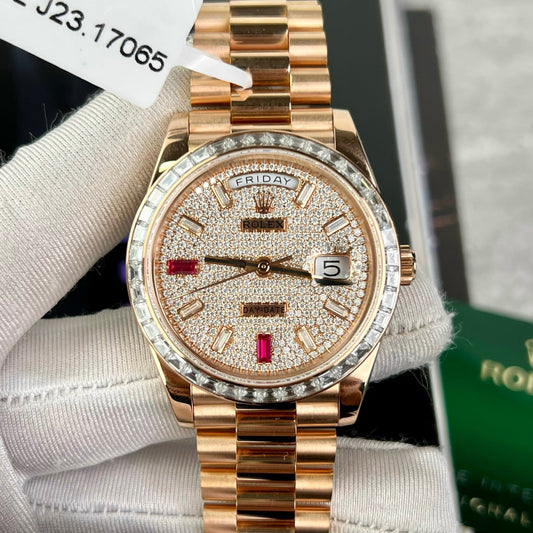 롤렉스 Day-Date 36mm Everose Gold 128345RBR coated 18k with full Moissanite
