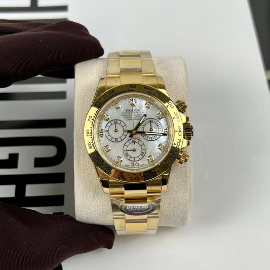 Replica 롤렉스 Cosmograph 데이토나 40mm 옐로 골드 Mother of Pearl Diamond Dial 116528