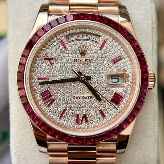 롤렉스 Day Date 228398 DRRP 1:1 best 에디션 Custom 로즈 골드 18k and ruby saphire Diamond Pave