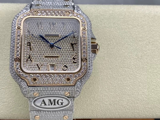 ساعات سانتوس دي كارتييه الماسية الرقمية 로즈 골드 Dial 1:1 Best AMG 팩토리 Swarovski Stone