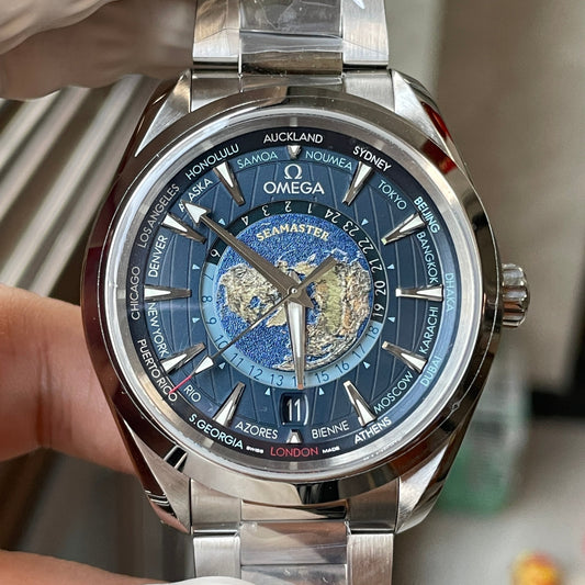 오메가 씨마스터 Aqua Terra GMT Worldtimer 220.10.43.22.03.001 Best 에디션 VS 팩토리 블루 다이얼