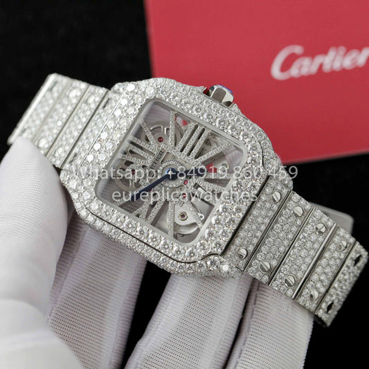 산토스 De 까르띠에 Skeleton Moissanite Iced Out Watch Square Dial 1:1 Best Clone
