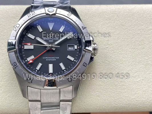 Breitling Avenger 오토매틱 GMT 44 BLS 팩토리 1:1 Best Clone 그레이 다이얼 스테인리스 스틸 Strap