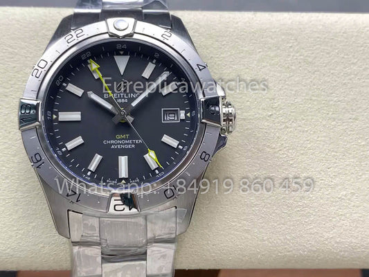 Breitling Avenger 오토매틱 GMT 44 BLS 팩토리 1:1 Best Clone 그레이 다이얼 Yellow Pointer SS