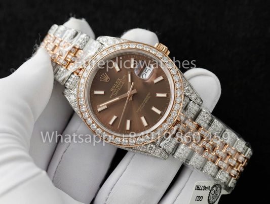 롤렉스 데이트저스트 41mm custom full moissanite 1:1 Best Clone Chocolate Dial