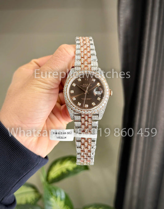 롤렉스 데이트저스트 41mm custom full moissanite 1:1 Best Clone Chocolate diamonds Dial