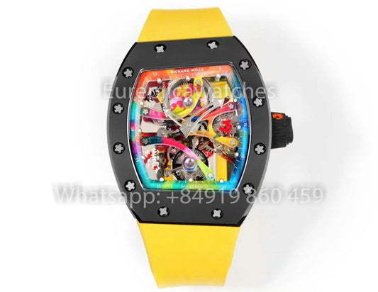 RICHARD MILLE RM 68-01 투르비용 Cyril Kongo Watch 1:1 Best Clone RM 팩토리 블랙 Case Yellow 러버 스트랩